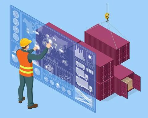 Isometric Global logistics network concept. Interactive panel for tracking cargo Stock Illustration