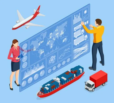Isometric Global logistics network concept. Interactive panel for tracking cargo Stock Illustration
