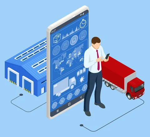 Isometric Global logistics network concept. Interactive panel for tracking cargo Stock Illustration