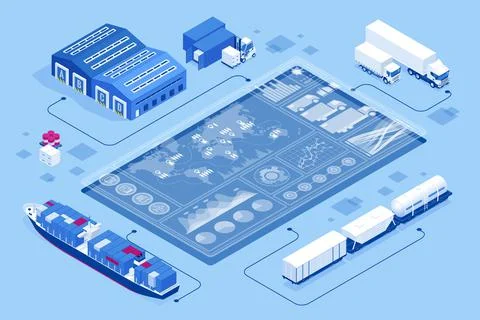 Isometric Global logistics network concept. Interactive panel for tracking cargo Stock Illustration