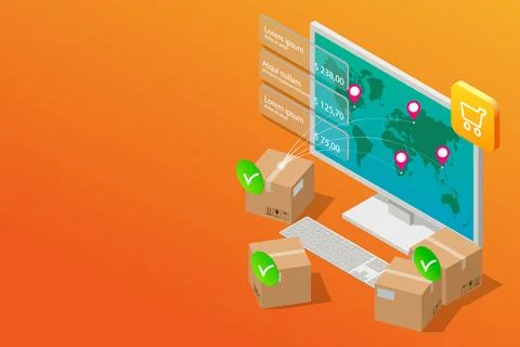 Isometric global logistics network. Fast delivery, shopping online, Internet Illustrazione stock