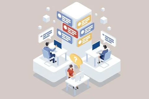 Isometric global online technical support with call center operators using Illustrazione stock