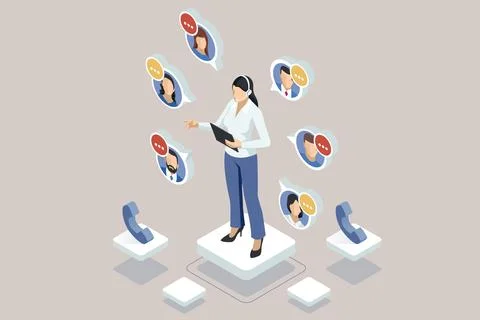 Isometric global online technical support with call center operators using Illustrazione stock