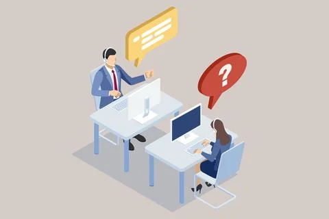 Isometric global online technical support with call center operators using Illustrazione stock