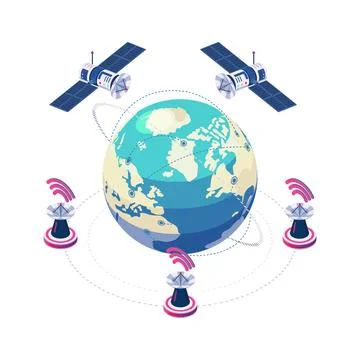 Isometric Global Satellite Communication Orbiting Earth Stock Illustration