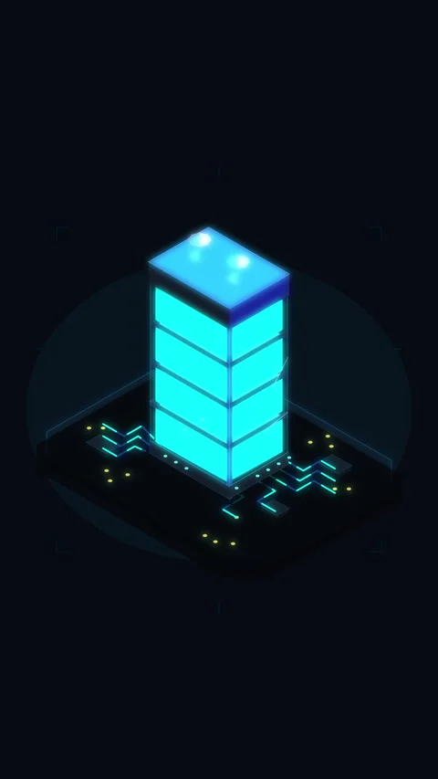 Isometric glowing server tower, data processing, cloud network, cyber secur.. Stock Footage 348341540
