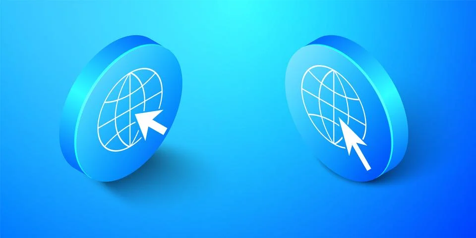 Isometric Go To Web icon isolated on blue background. Globe and cursor. Website Stock Illustration