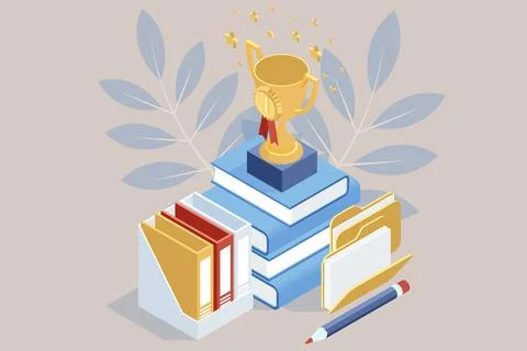 Isometric Golden cup, Educational and Self-Development. Idea for educational Stock Illustration