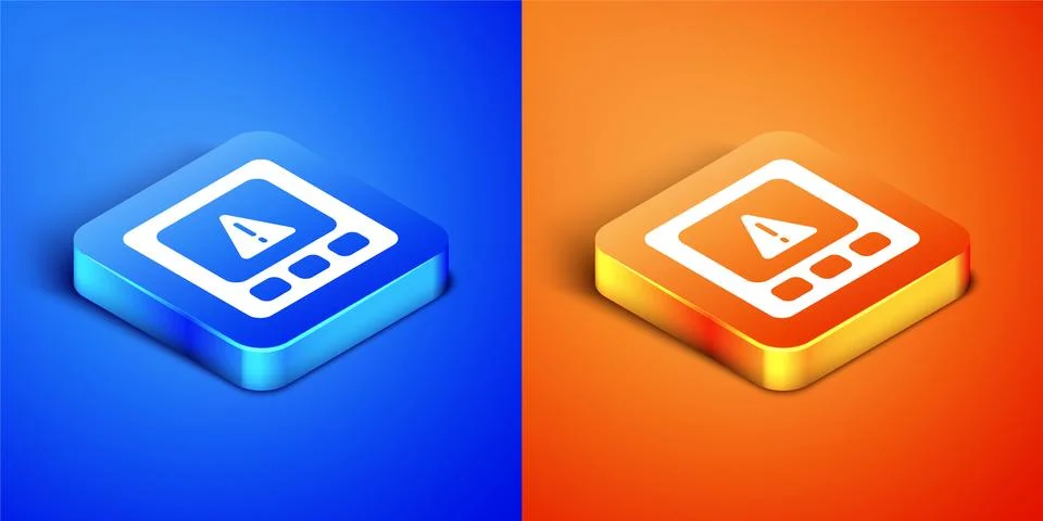 Isometric Gps device error icon isolated on blue and orange background. Square 스톡 일러스트