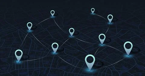Isometric GPS map navigation with connected location pins on dark city street Stock Illustration