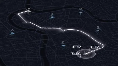 Isometric GPS navigation map with glowing route and ride sharing app interface Stock Illustration