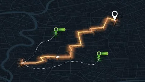 Isometric GPS navigation map highlighting glowing orange route and alternative Stock Illustration