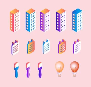 Isometric gradient business elements set isolated vector illustration. Stockillustratie