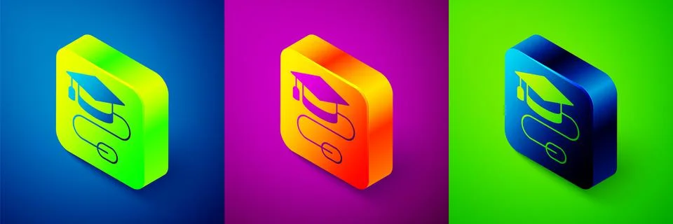Isometric Graduation cap with mouse icon isolated on blue, purple and green Stock Illustration