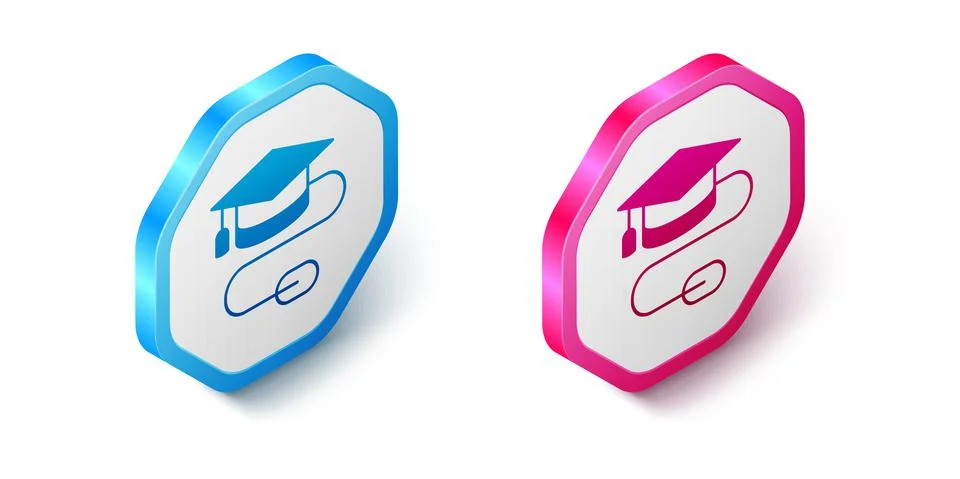 Isometric Graduation cap with mouse icon isolated on white background. World Stock Illustration