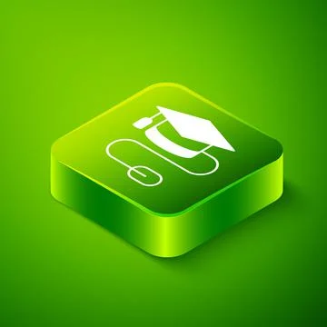 Isometric Graduation cap with mouse icon isolated on green background. World Stock Illustration