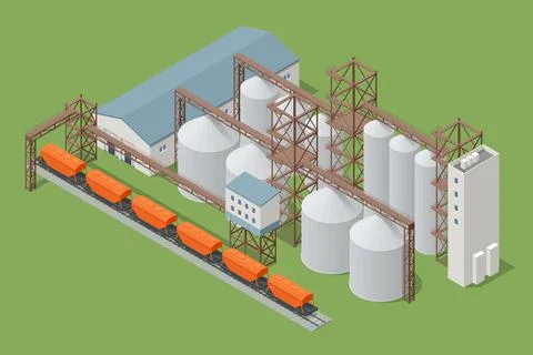 Isometric Grain elevator silos. Freight train being loaded with grain for Stock Illustration