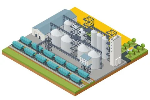Isometric Grain elevator silos. Freight train being loaded with grain for Stock Illustration