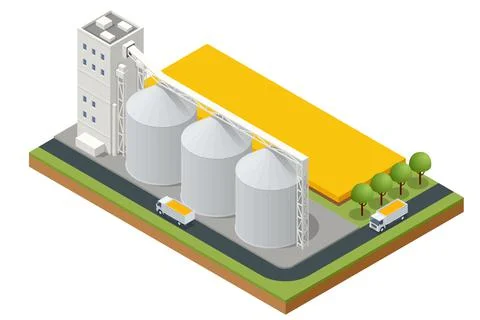Isometric Grain elevator silos. Transrportation of agricultural products. Corn Illustrazione stock