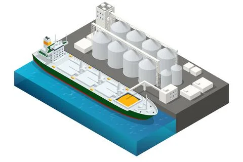 Isometric Grain terminal at seaport. Loading grain crops on bulk ship from large Illustrazione stock