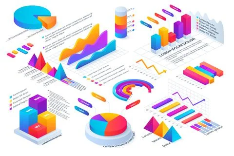 Isometric graph, chart and modern business diagrams. 3d data bar, graphic lines Illustrazione stock