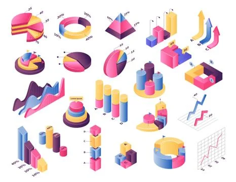 Isometric graph chart vector illustration set, 3d infographic element, diagram Illustrazione stock