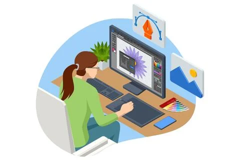Isometric Graphic design studio. Graphic designer at work. Graphic designer イラスト素材