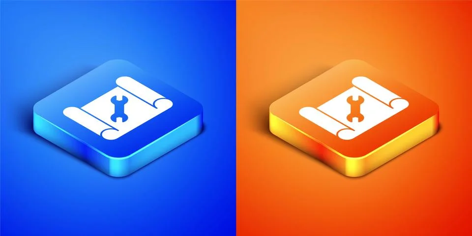 Isometric Graphing paper for engineering and wrench icon isolated on blue and Stock Illustration