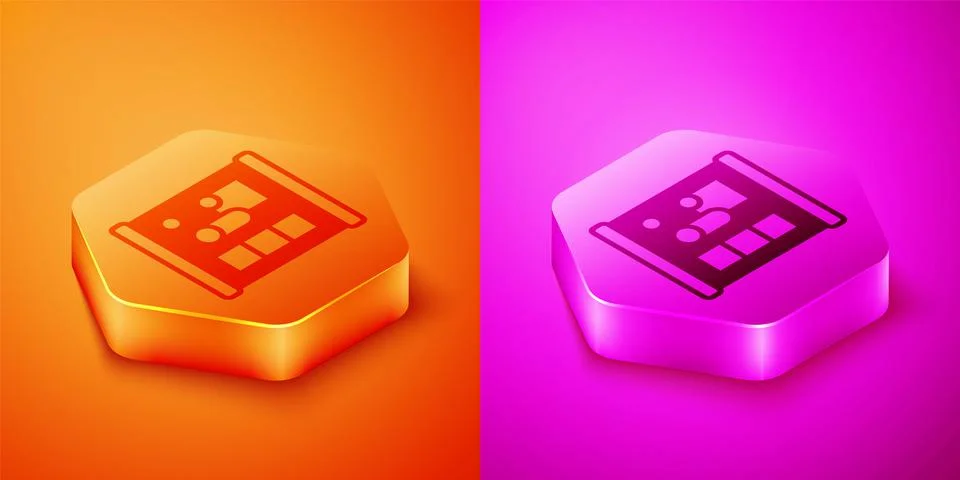 Isometric Graphing paper for engineering icon isolated on orange and pink Stock Illustration