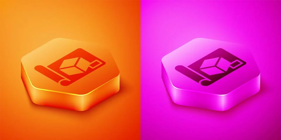 Isometric Graphing paper for engineering icon isolated on orange and pink Stock Illustration