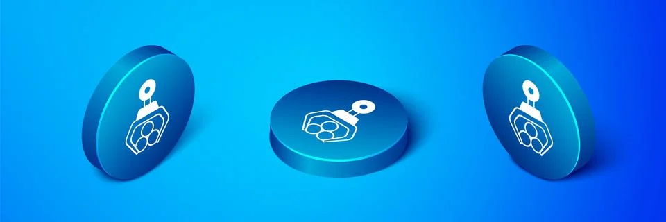 Isometric Grapple crane grabbed a log icon isolated on blue background. Forest Illustrazione stock