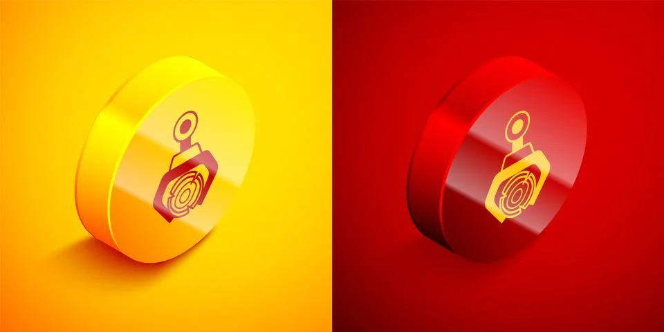 Isometric Grapple crane grabbed a log icon isolated on orange and red background Illustrazione stock