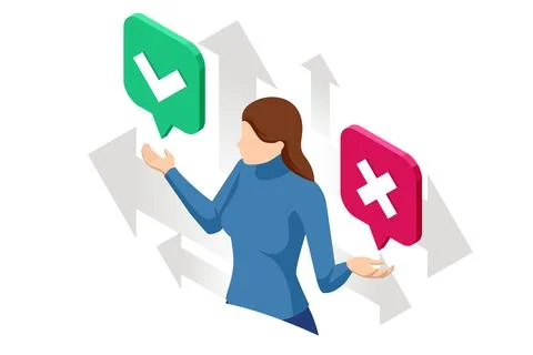 Isometric Green Check Mark and Red Cross. Woman and Symbols YES and NO Button Stock Illustration