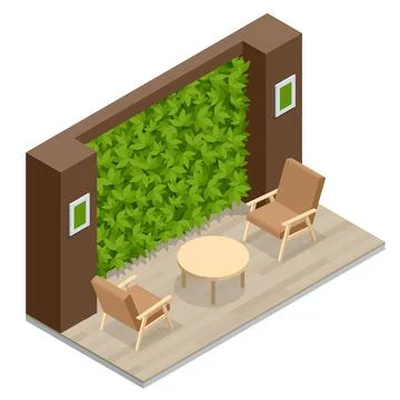 Isometric Green Wall in Office. Comfortable Sofas and Green Plants. Rest Area at Illustrazione stock