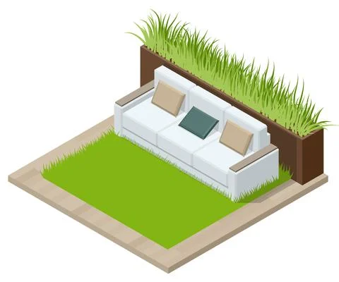 Isometric Green Wall in Office. Comfortable Sofas and Green Plants. Rest Area at Stock Illustration