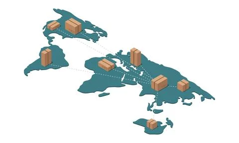 Isometric green world map vector illustration with cardboard boxes placed acr Stock Illustration