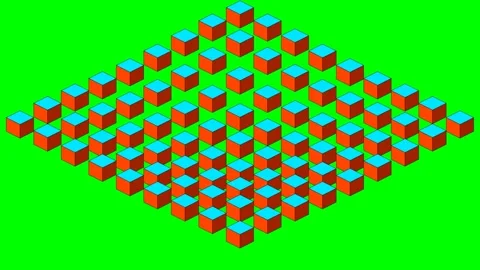 An isometric grid of vibrant orange cubes with blue tops on green background Stock Footage 340263363