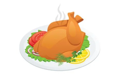 Isometric Grilled Chicken on white Background. Plate with roasted turkey. Stock Illustration