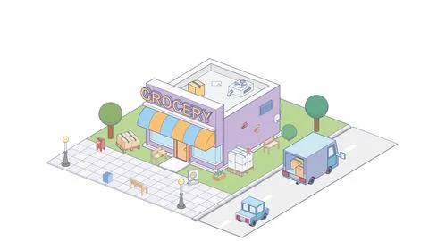 Isometric grocvery store on white background. Modern grocvery store in isometric Stock Illustration