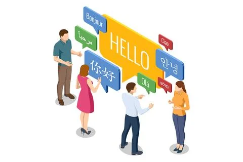 Isometric group of people communicating in multiple languages with speech Stock Illustration