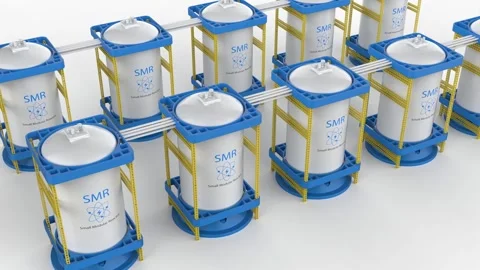 Isometric group of smr or small modular nuclear reactors power plant on whi.. Stock Footage 328144224