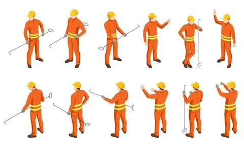 Isometric Group of workers in a foundry, melting furnace. Different postures of Stock Illustration
