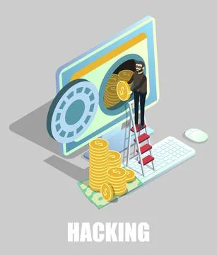 Isometric hacker, cyber thief stealing money from computer, vector illustration イラスト素材
