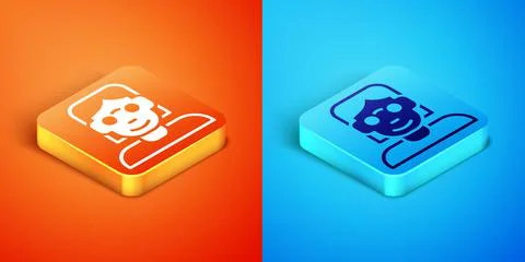 Isometric Hacker or coder icon isolated on orange and blue background 스톡 일러스트
