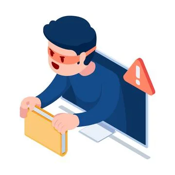 Isometric Hacker or Thief Come Out from Monitor and Stealing Folder Stock Illustration