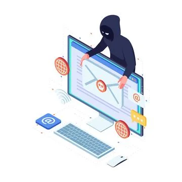 Isometric Hacker Stealing Data Through Phishing Email Stock Illustration