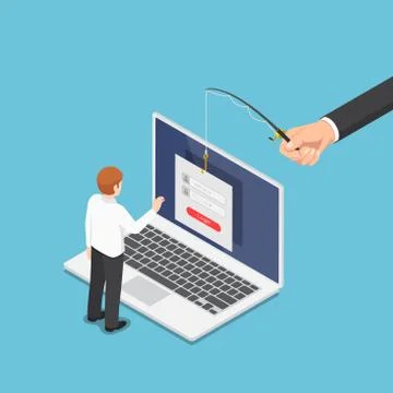 Isometric hacker trying to steal data from businessman by phishing scam Stockillustratie