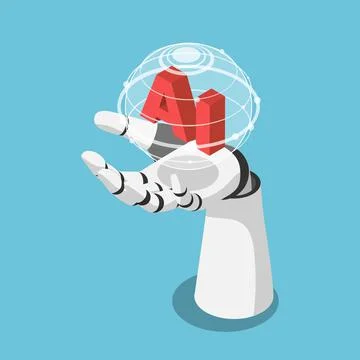 Isometric Hand of Artificial Intelligence Robot Holding Futuristic Globe with Stock Illustration
