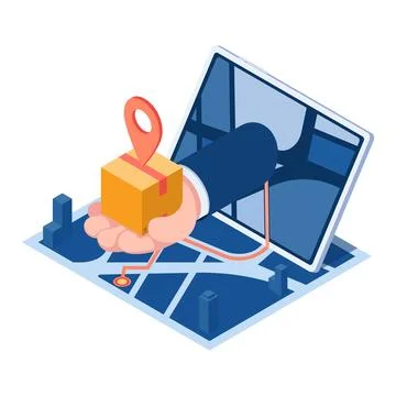 Isometric Hand Delivering Parcel Box on Map with GPS Navigation Pin Illustrazione stock