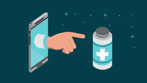 Isometric hand emerging from smartphone screen pointing at medical medicine.. Stock Footage 338398497